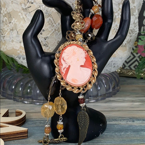 Adorned Crown artisan assemblage cameo citrine carnelian bead necklace