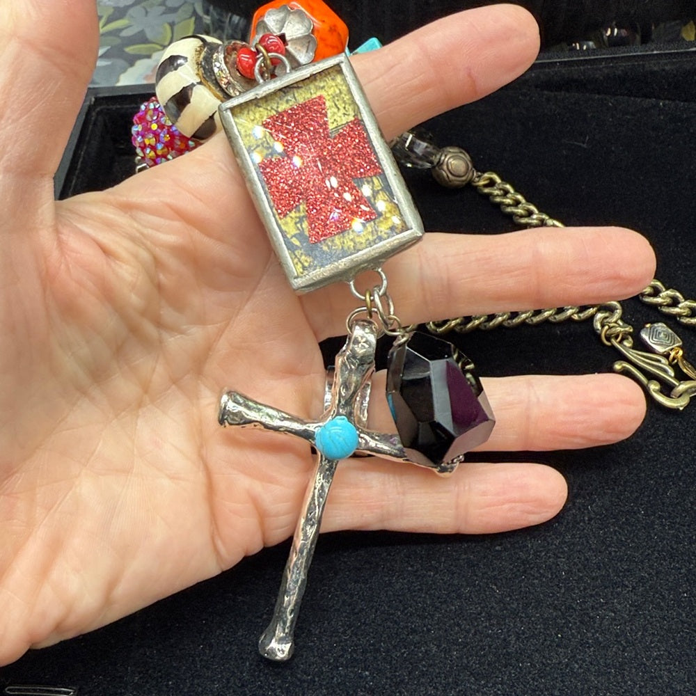 Adorned Crown Jewelry assemblage three cross bauble bead bezel necklace