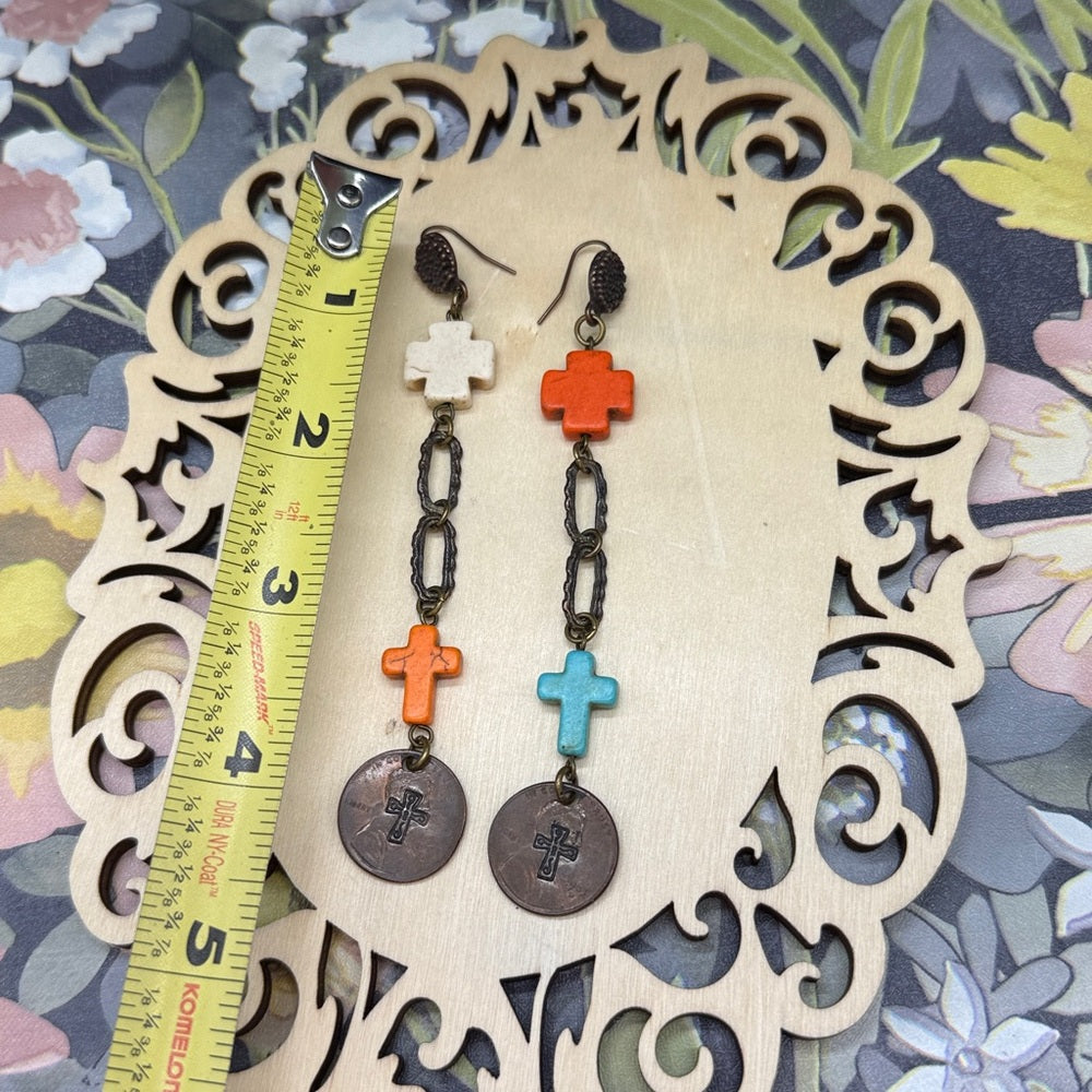 Adorned Crown Jewelry assemblage asymmetrical cross and penny earrings