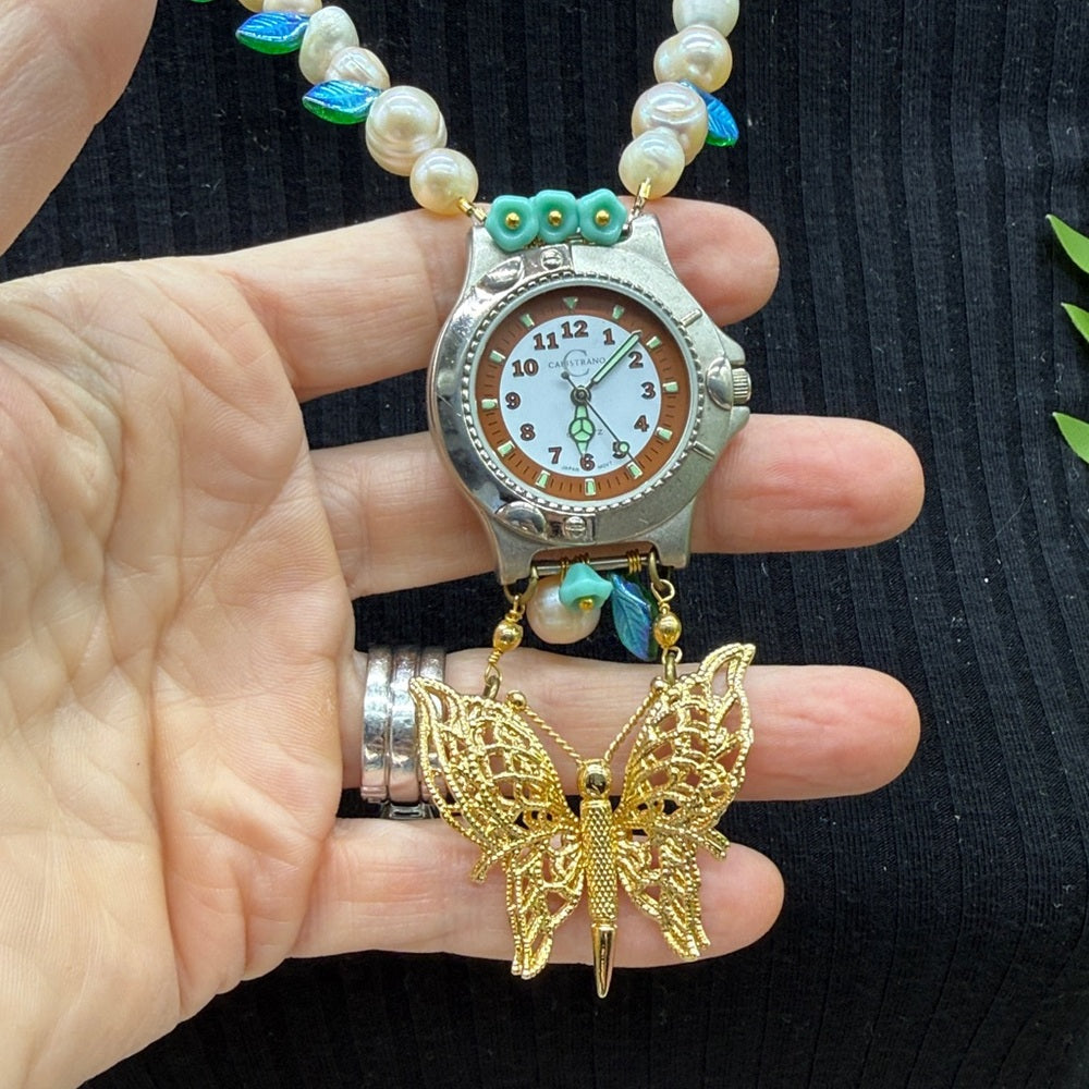 Adorned Crown Jewelry assemblage Pearl Czech glass watch butterfly necklace