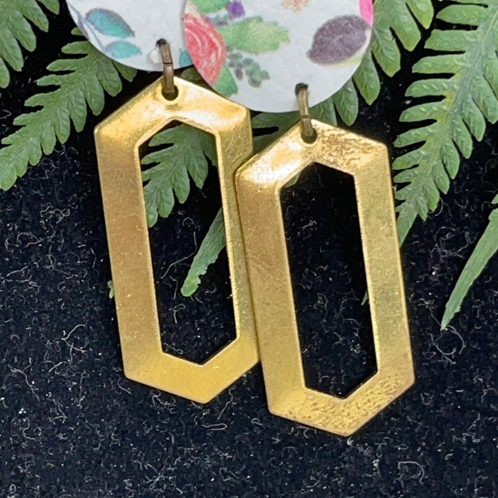 Adorned Crown geo abstract floral leather brass earrings