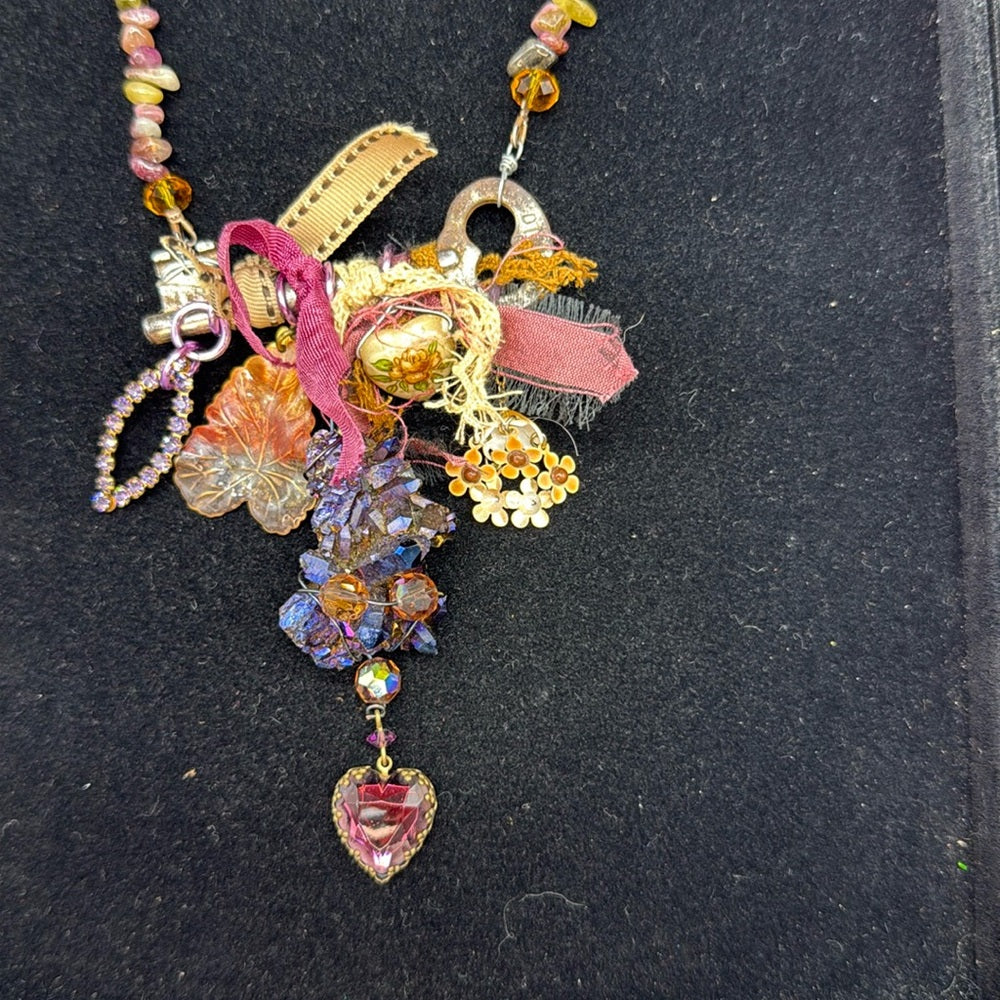 Adorned Crown Jewelry assemblage amethyst skeleton key bits & baubles necklace