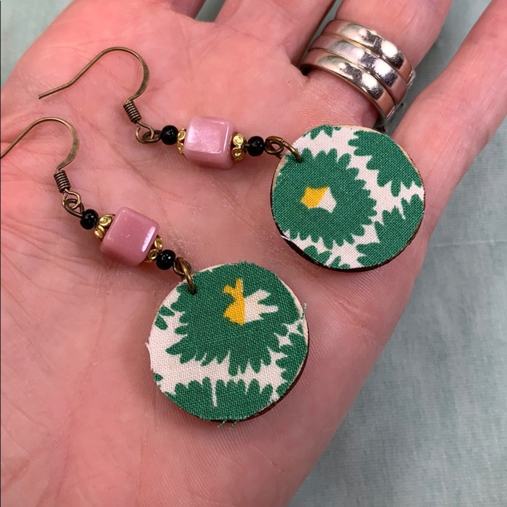 Adorned Crown vintage fabric wood disc earrings pink green lightweight