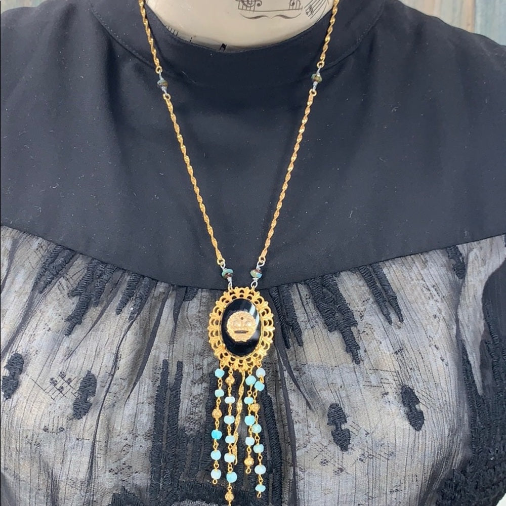 Adorned Crown artisan assemblage aquamarine bead jet black crown necklace