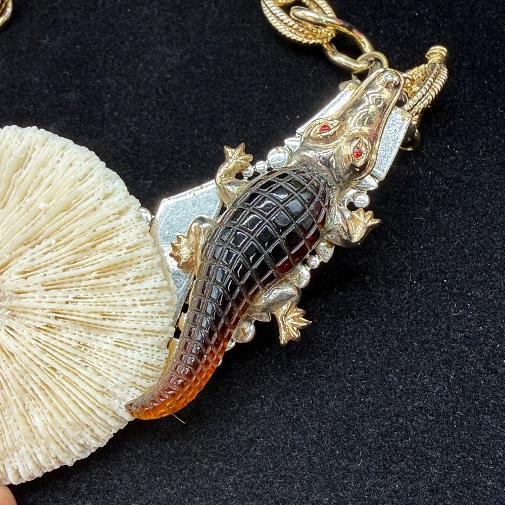 Adorned Crown Jewelry assemblage turtle alligator mushroom coral necklace