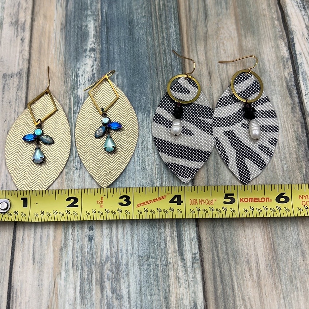 2 pair Adorned Crown Artisan Assemblage leather brass bead charm earrings