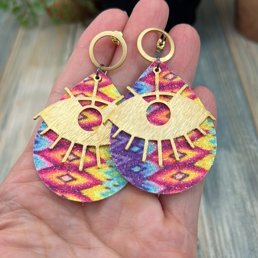 Adorned Crown Artisan Assemblage faux leather psychedelic eye earrings