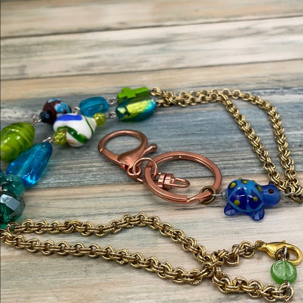 Adorned Crown assemblage green blue  bead keychain badge lanyard