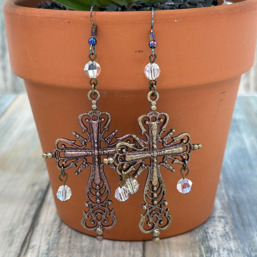 Adorned Crown Jewelry assemblage patina cross and crystal Earrings