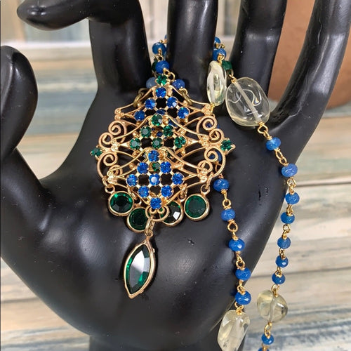 Adorned Crown artisan assemblage green rhinestone drop necklace