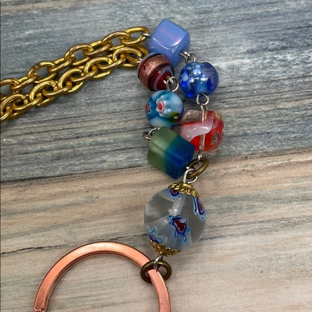 Adorned Crown artisan assemblage red blue bead keychain badge lanyard