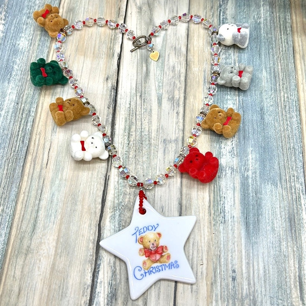 Adorned Crown Jewelry Christmas teddy bear Assemblage statement necklace