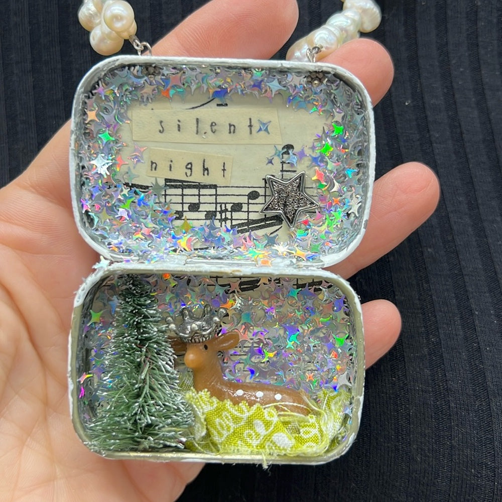 Adorned Crown Jewelry assemblage Christmas silent night shadow box necklace