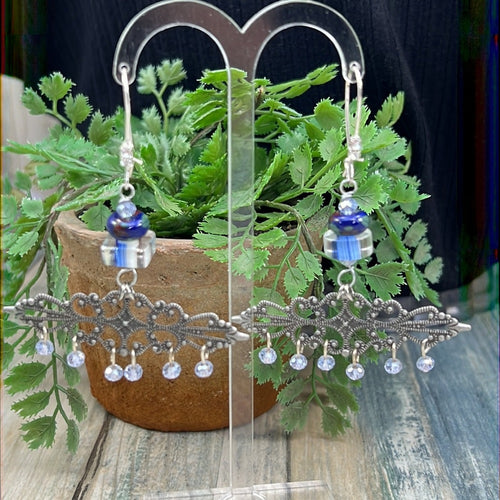 Adorned Crown Artisan Assemblage blue bead filigree chandelier earrings