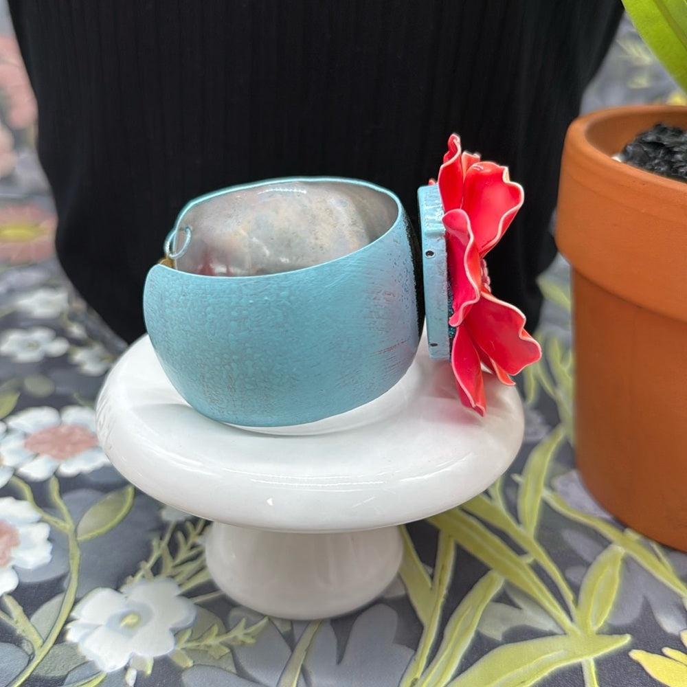Adorned Crown Jewelry assemblage enamel salmon flower on teal cuff bracelet