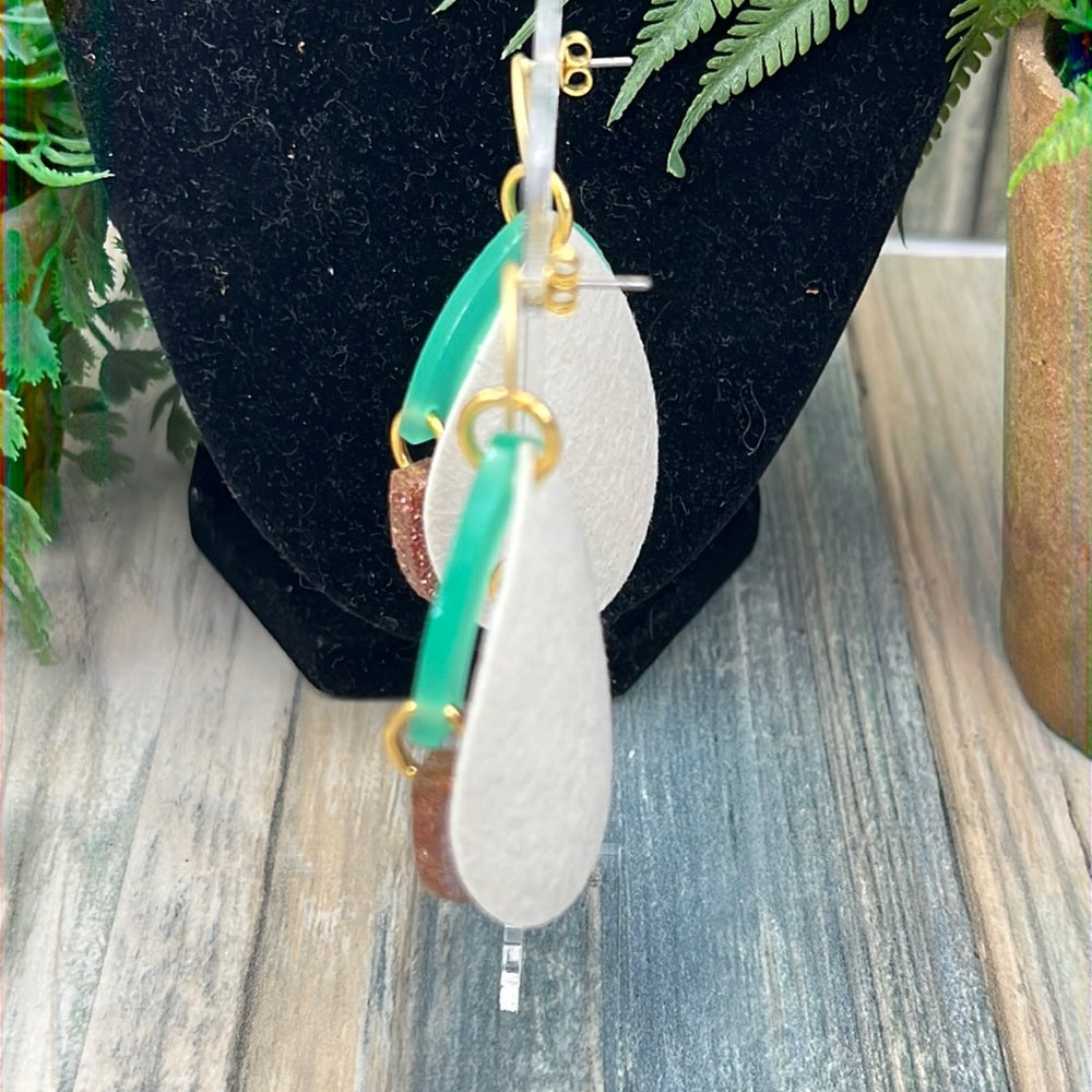 Adorned Crown Artisan Assemblage faux leather green acrylic post earrings