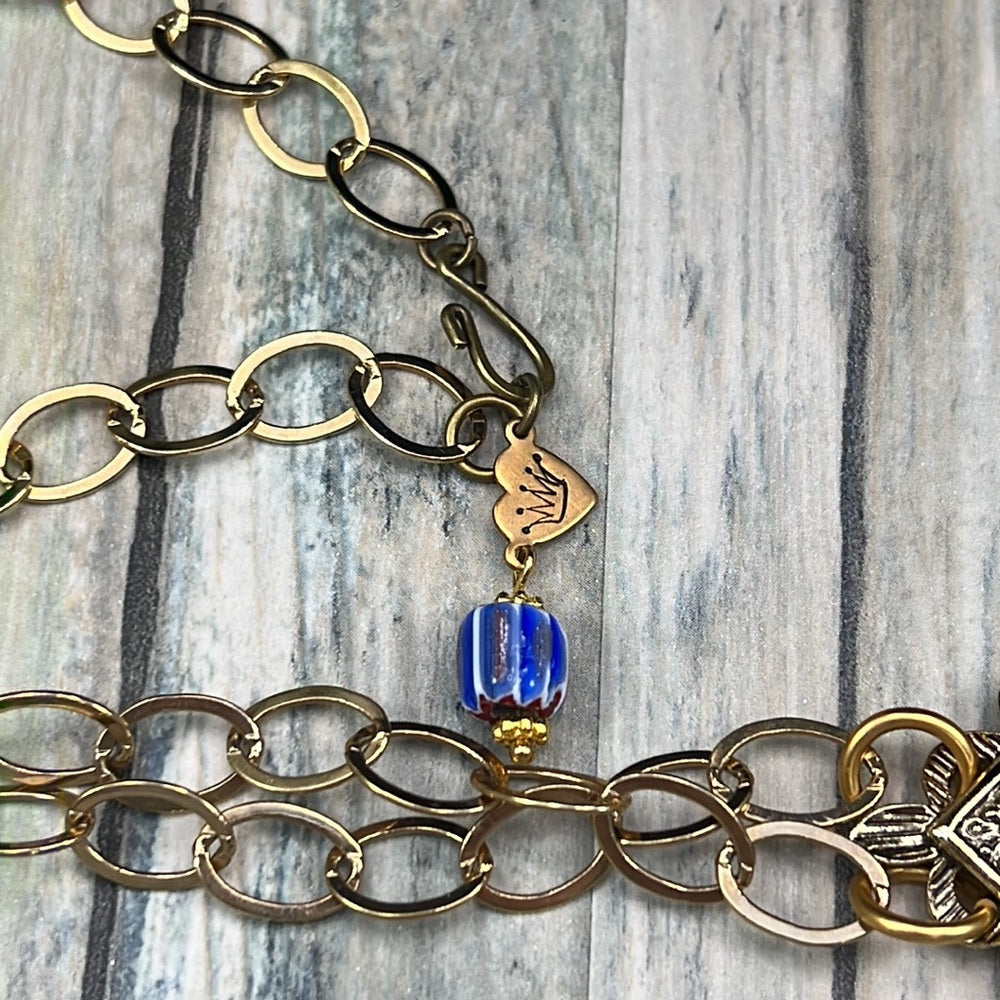Adorned Crown necklace long boho vintage key red blue rhinestone assemblage