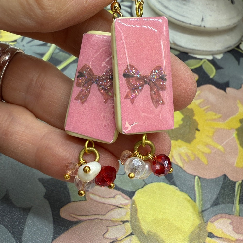 Adorned Crown Jewelry assemblage Christmas pink and red bow domino earrings