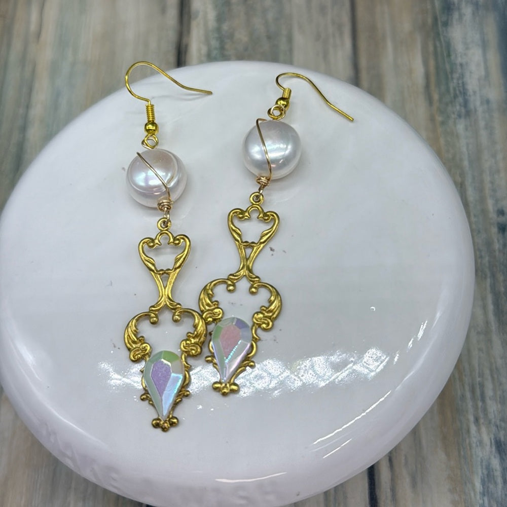 Adorned Crown Jewelry assemblage filigree Pearl Czech glass earrings