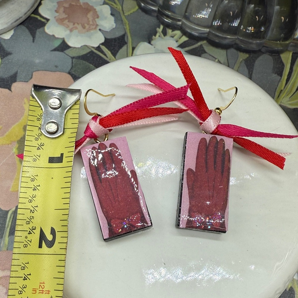 Adorned Crown Jewelry assemblage Christmas pink and red glove domino earrings