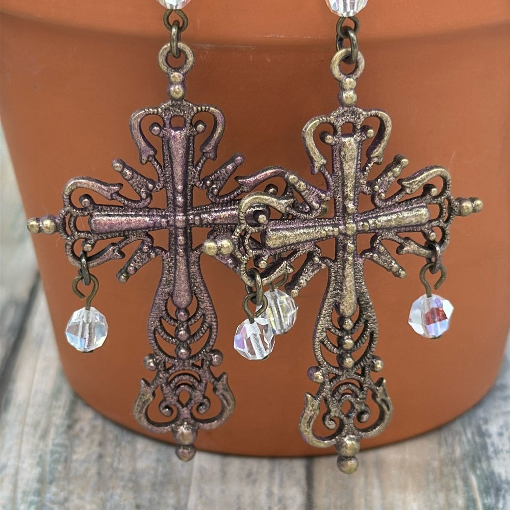 Adorned Crown Jewelry assemblage patina cross and crystal Earrings
