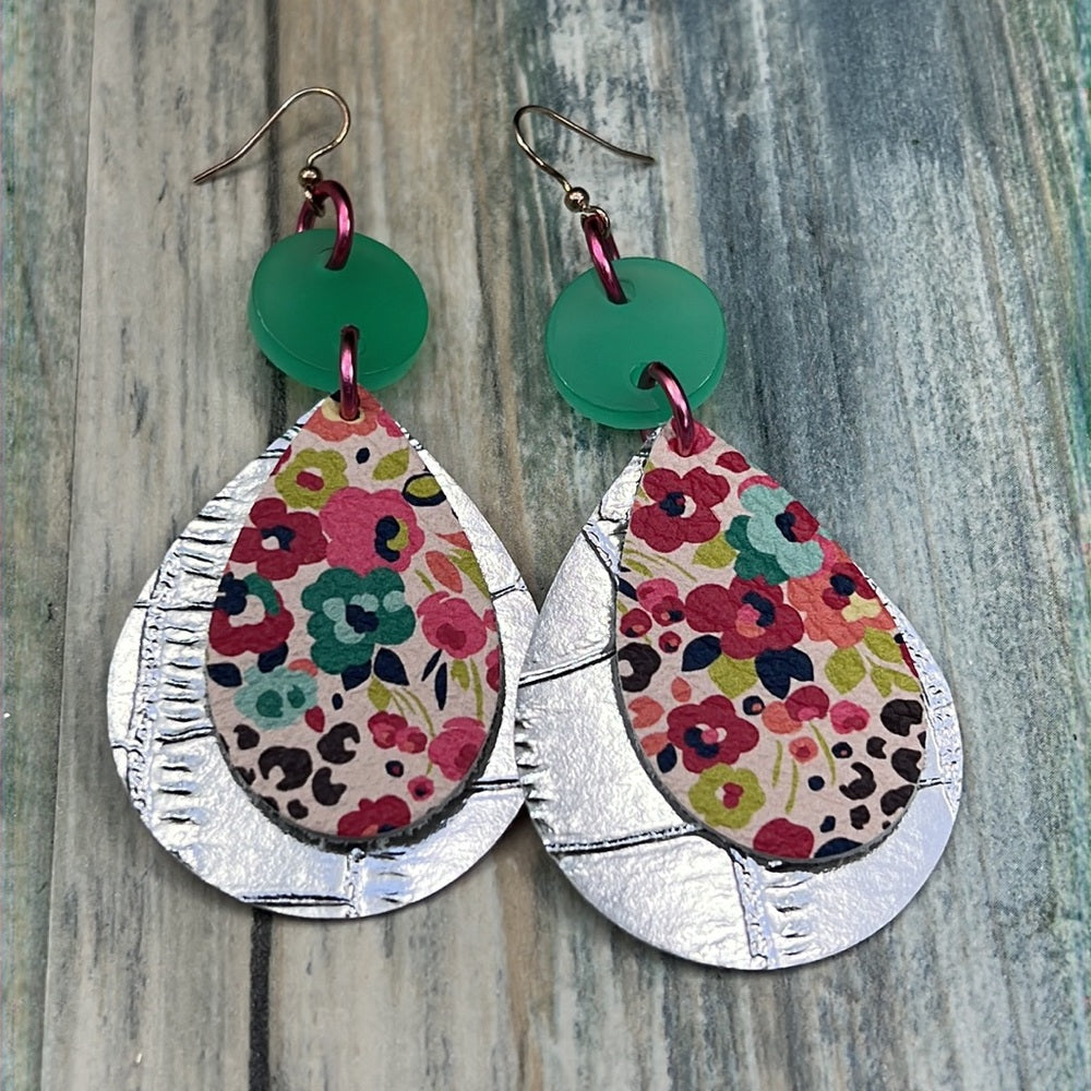 Adorned Crown Artisan Assemblage leather double acrylic floral earrings