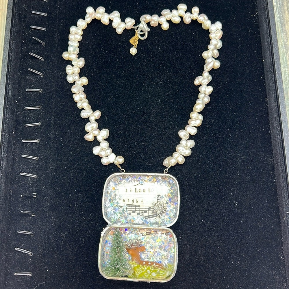 Adorned Crown Jewelry assemblage Christmas silent night shadow box necklace