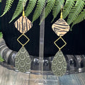 Adorned Crown Artisan Assemblage leather double drop zebra green earrings