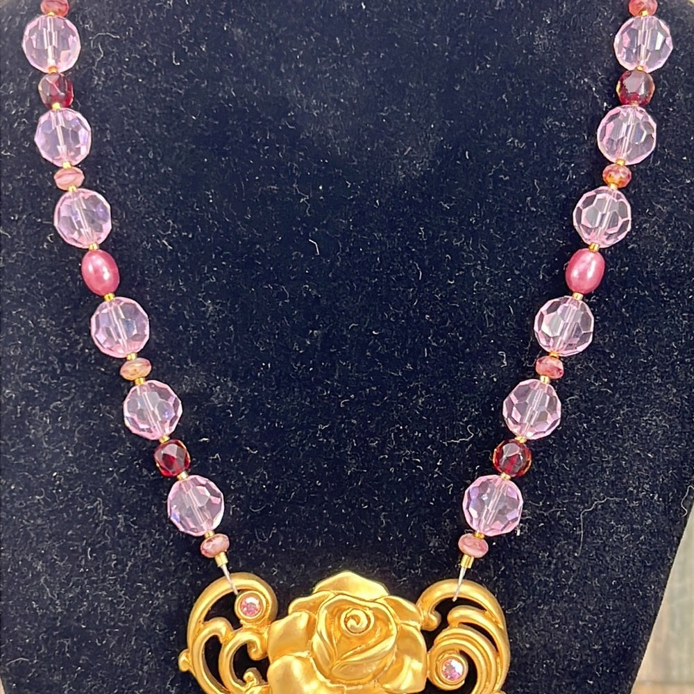 Adorned Crown Artisan Assemblage pink crystal golden rose cross necklace
