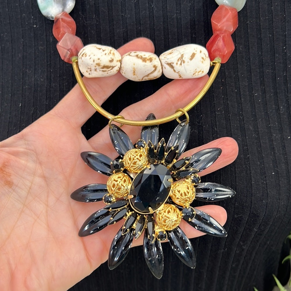 Adorned Crown Artisan Assemblage enamel black flower stone bead necklace