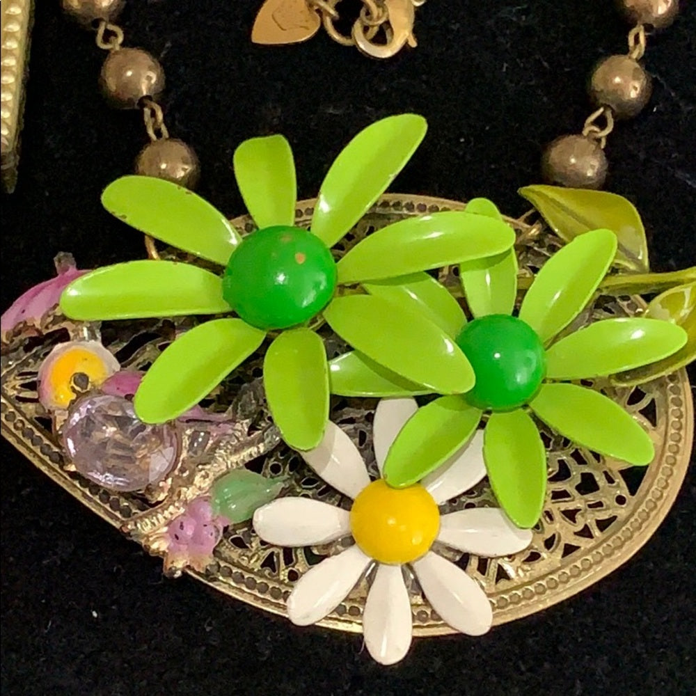Adorned Crown artisan assemblage enamel flower bird cluster necklace