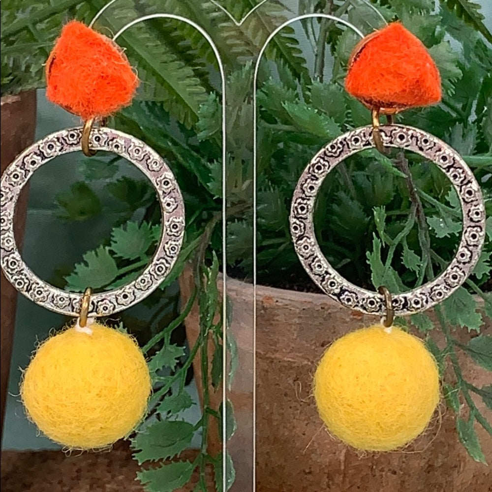 Adorned Crown artisan assemblage wool ball geometric textile earrings