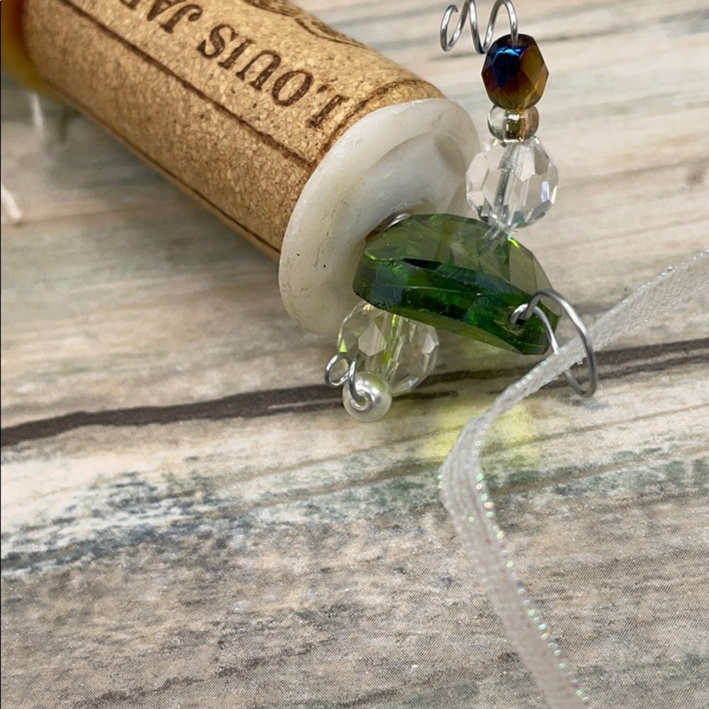 Adorned Crown artisan assemblage wine cork ornament green bead & tassel