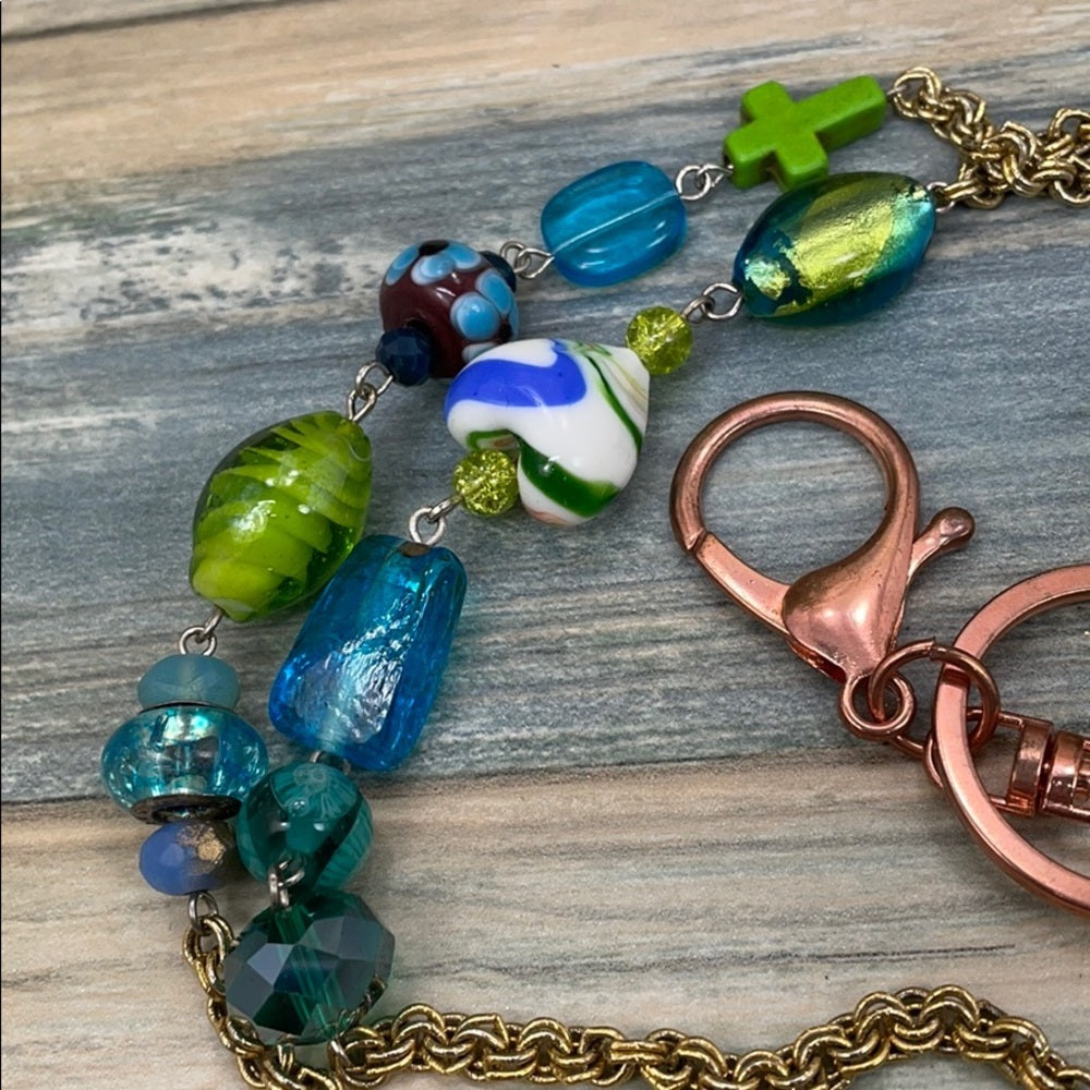 Adorned Crown assemblage green blue  bead keychain badge lanyard