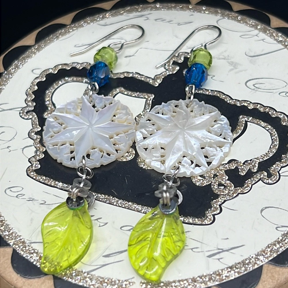 Adorned Crown Jewelry mother of pearl etched Czech glass leaf bead earrings