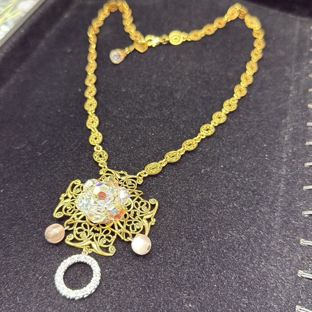 Adorned Crown Jewelry filigree oval link rhinestone pendant necklace