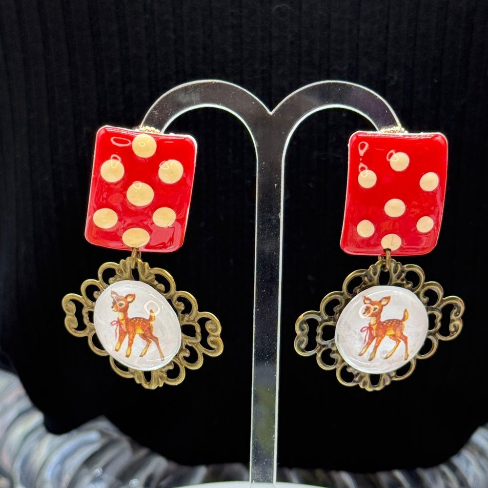 Adorned Crown Jewelry assemblage Christmas polka dot deer drop post earrings