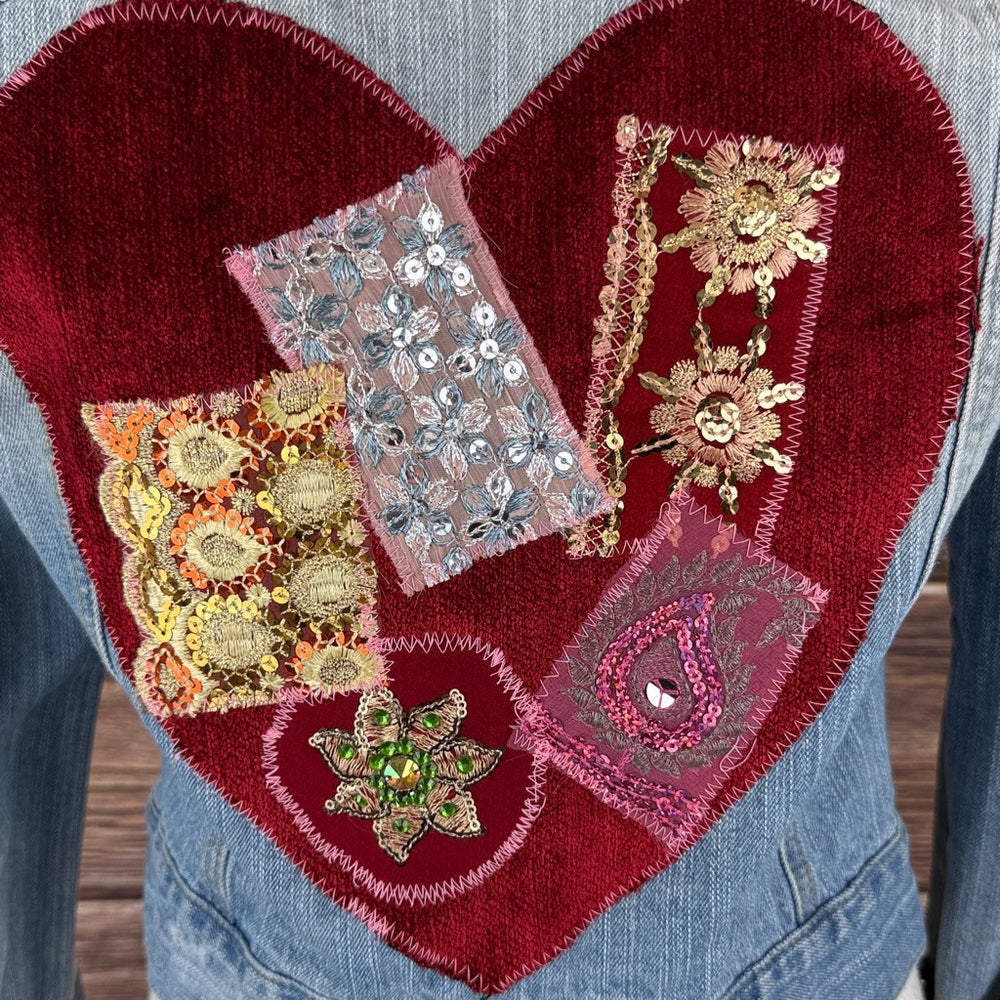 Adorned Crown Jewelry and textiles altered velvet heart denim jacket size med