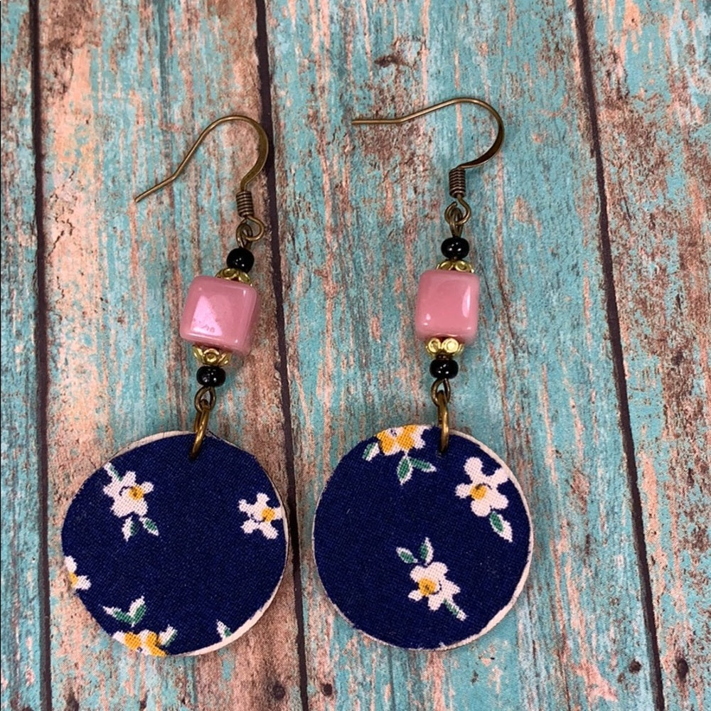 Adorned Crown vintage fabric wood disc bead earrings blue pink