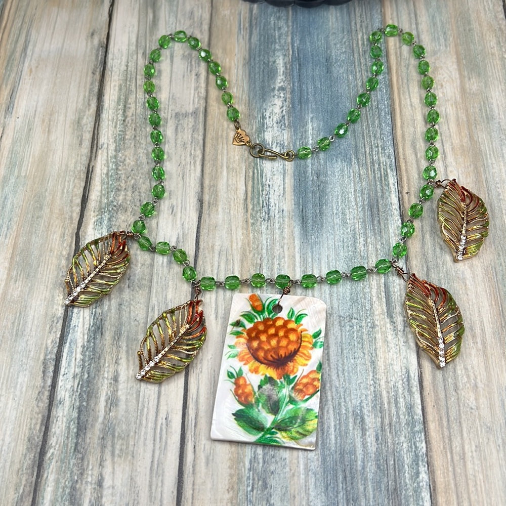 Adorned Crown Artisan Assemblage painted shell leaf autumn color necklace