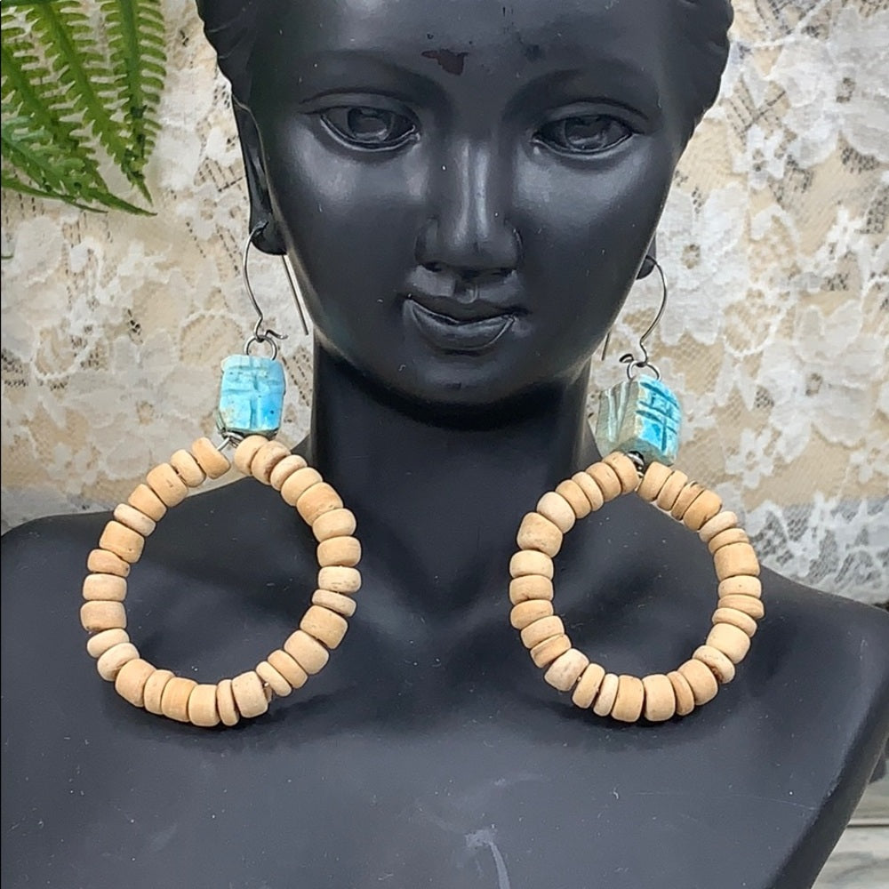 Adorned Crown artisan assemblage coconut bead scarab beach earrings