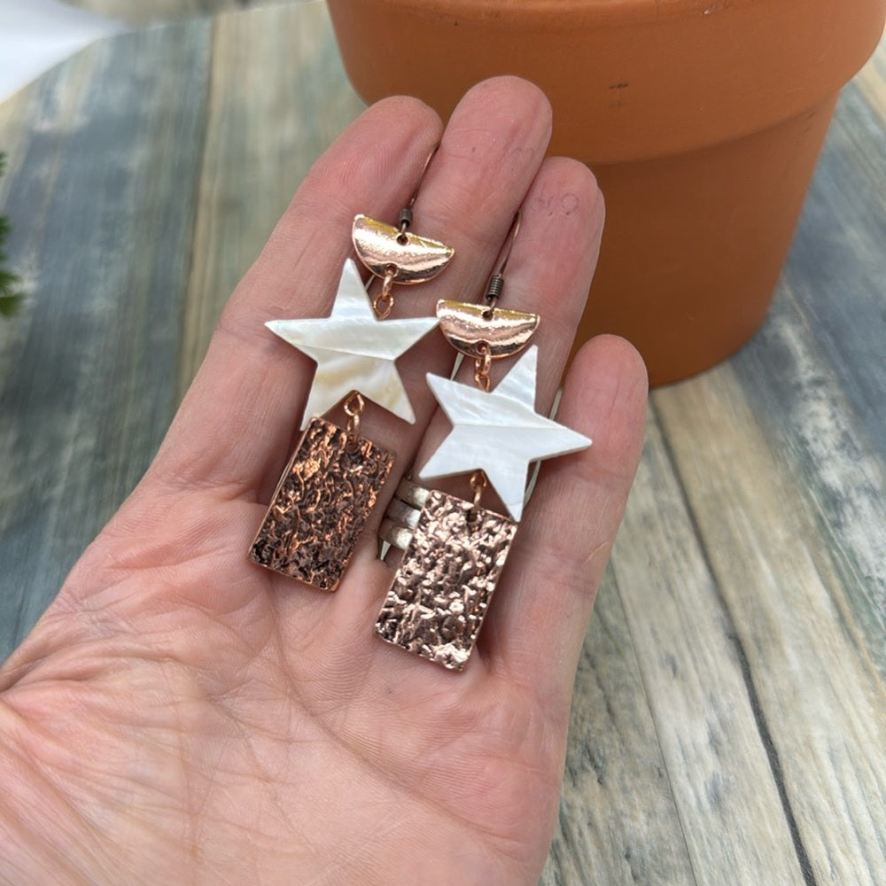 Adorned Crown Jewelry assemblage copper mother of pearl star earrings