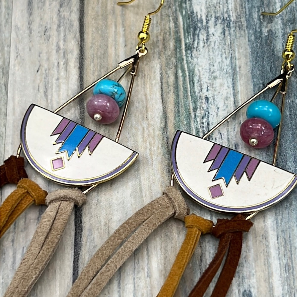 Adorned Crown cowgirl collection turquoise enamel leather tassel earrings