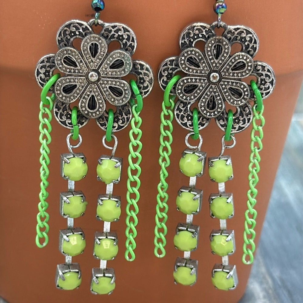 Adorned Crown Jewelry assemblage filigree flower Earrings green chain