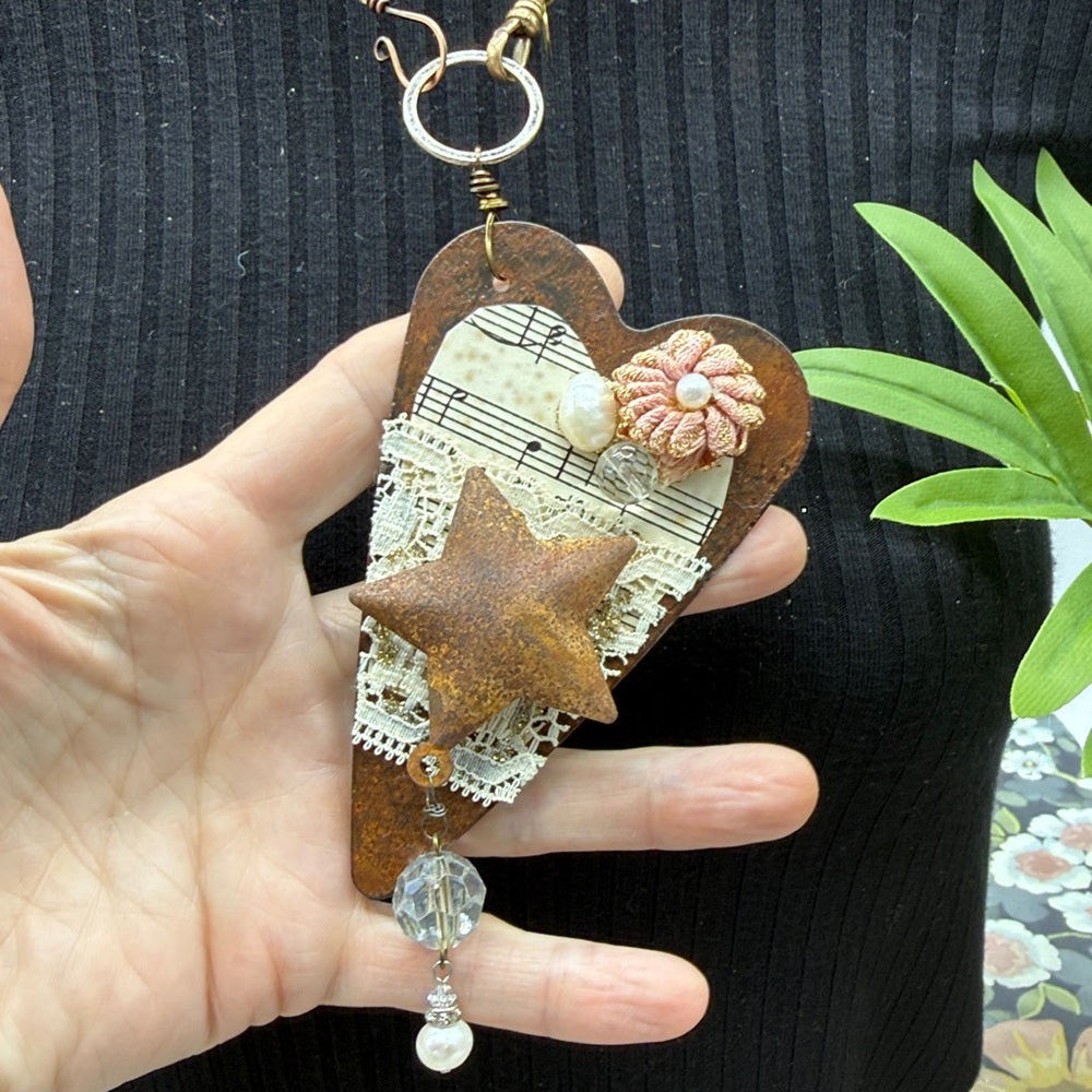 Adorned Crown Jewelry rusty heart star vintage music necklace