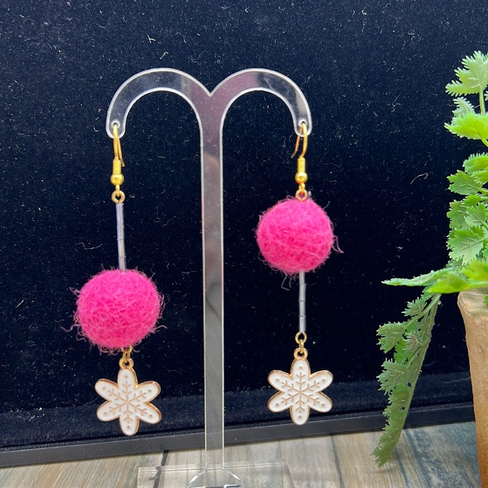 Adorned Crown Jewelry assemblage Christmas earrings pink wool ball snowflake