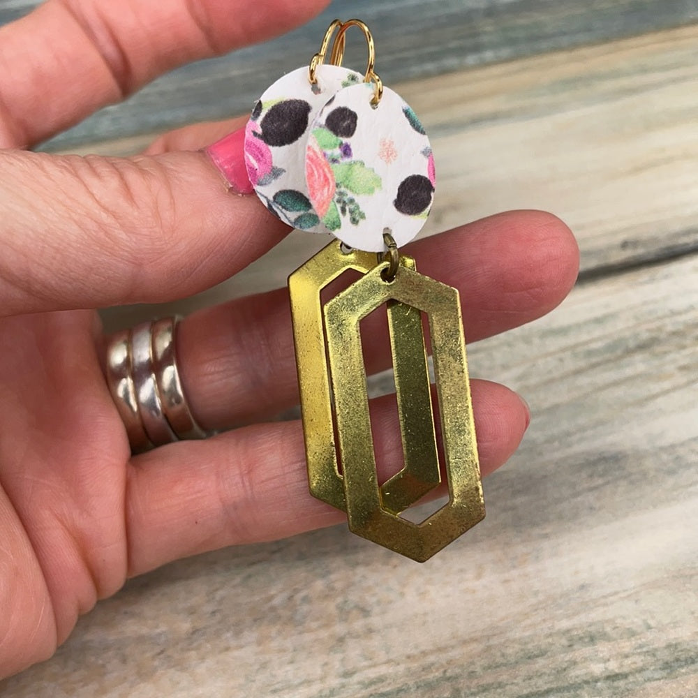 Adorned Crown geo abstract floral leather brass earrings