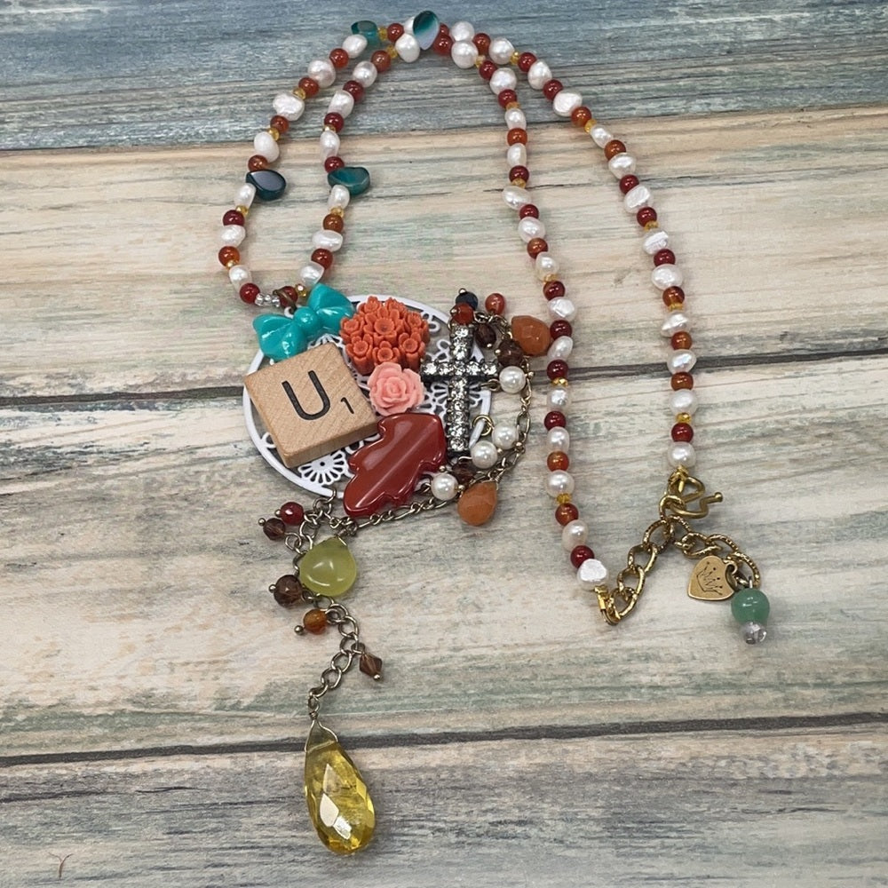 Adorned Crown artisan assemblage letter U scrabble tile cluster necklace