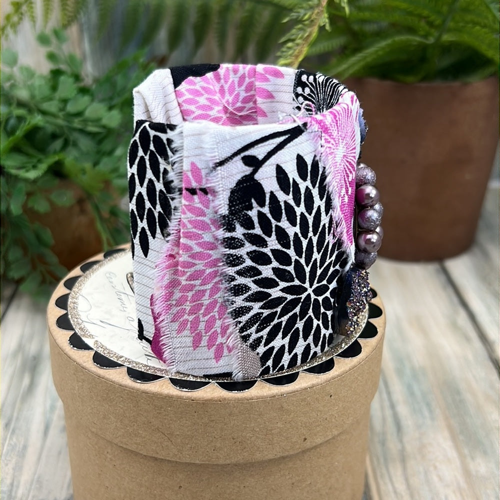 Adorned Crown Artisan Assemblage fabric wrap druzy wide cuff bracelet