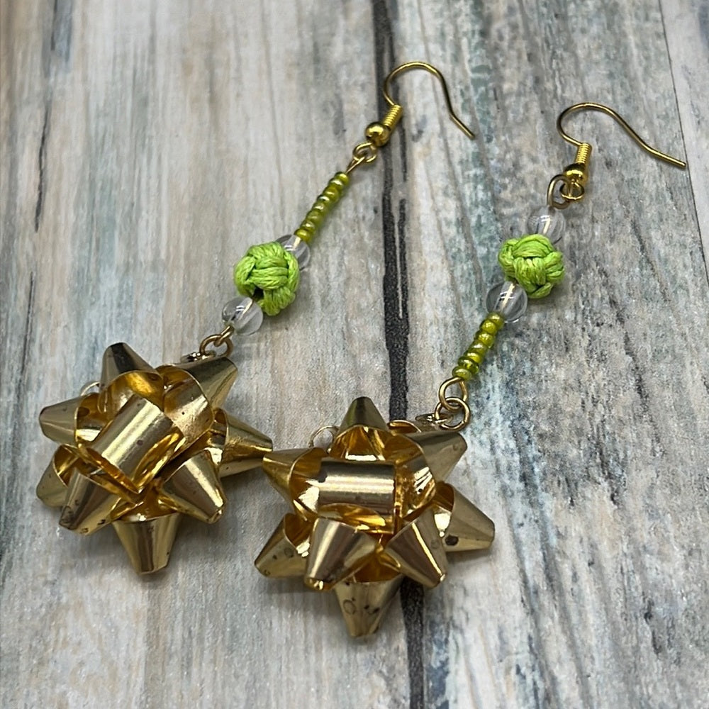 Adorned Crown Jewelry assemblage Christmas earrings gold bow green bead